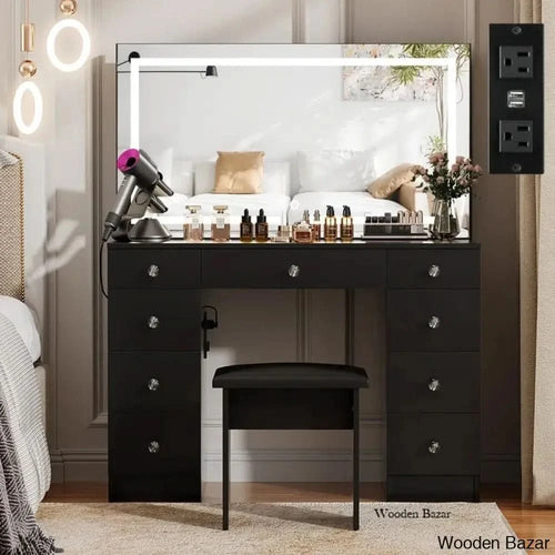 modern black dressing table Vanity Dressing table Set With LED Mirror & Power Outlets, 9 Drawers w