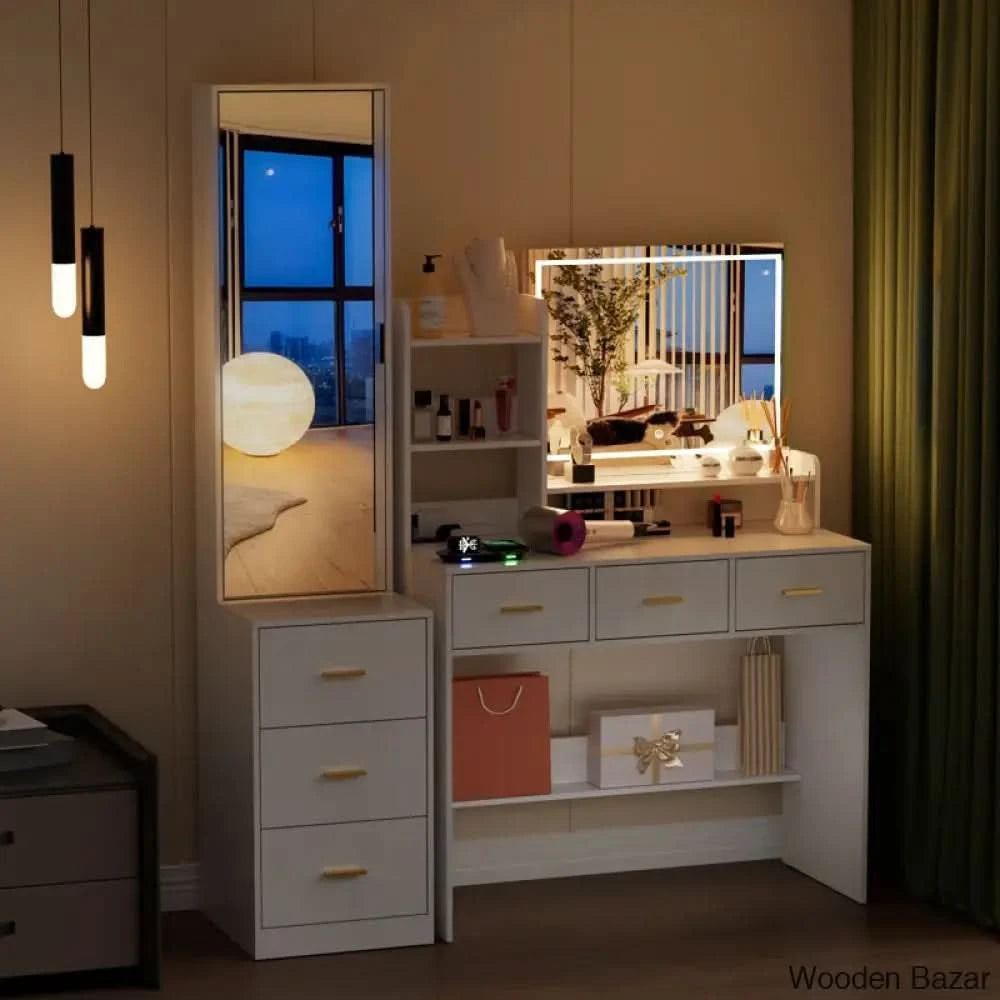 Vanity Dressing Table With Lighted Full-Length Mirror White