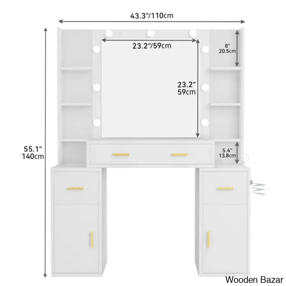 Venette Vanity Dressing Table With Built-In Outlets And Lighted Mirror Stool