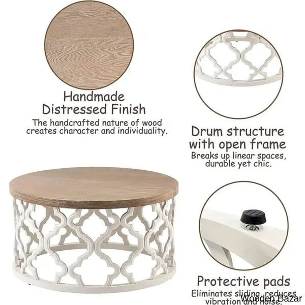 Windfield Farmhouse Round Coffee Table Rustic Distressed Wood Top