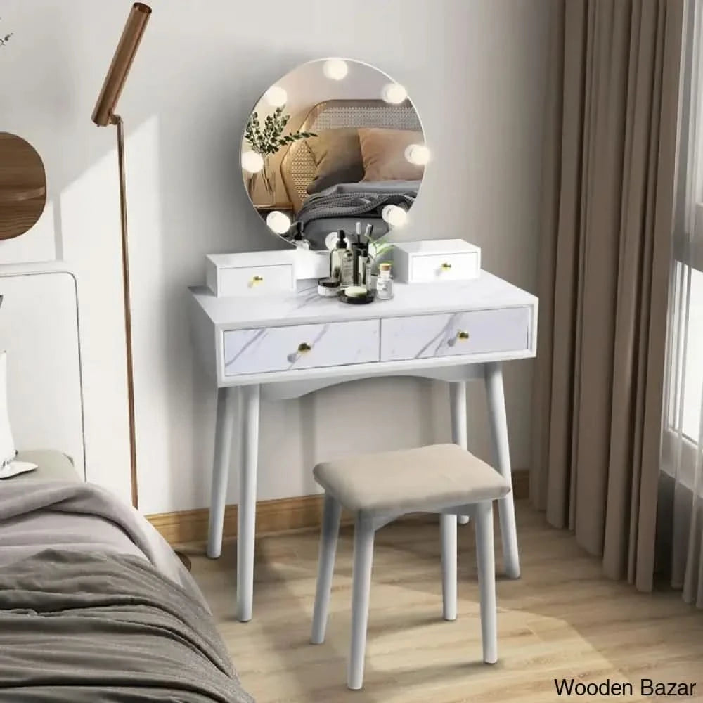 Wooden Bazar Ayrial Vanity Dressing Table With Mirror Stool Drawers