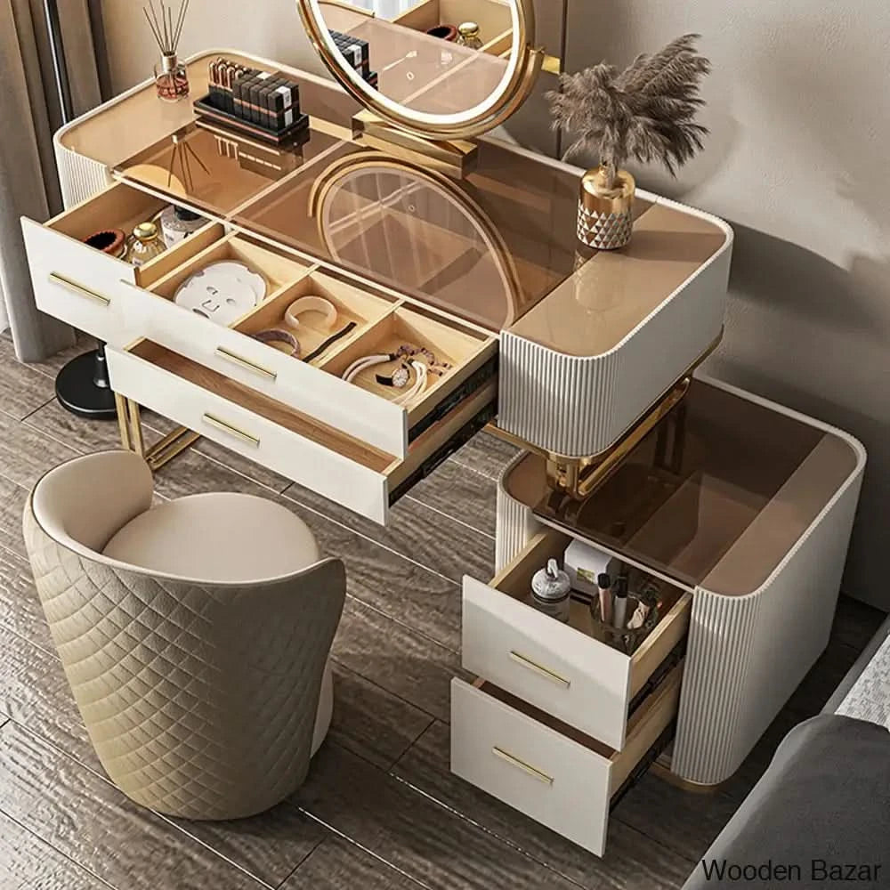Wooden Bazar Banderas 39.37’’ Modern Makeup Vanity Dressing Table With Lighted Mirror Stool