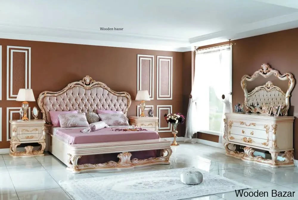 luxury dresser set Wooden Bazar European Style Ivory and Gold Bedroom Set Venue Collectio