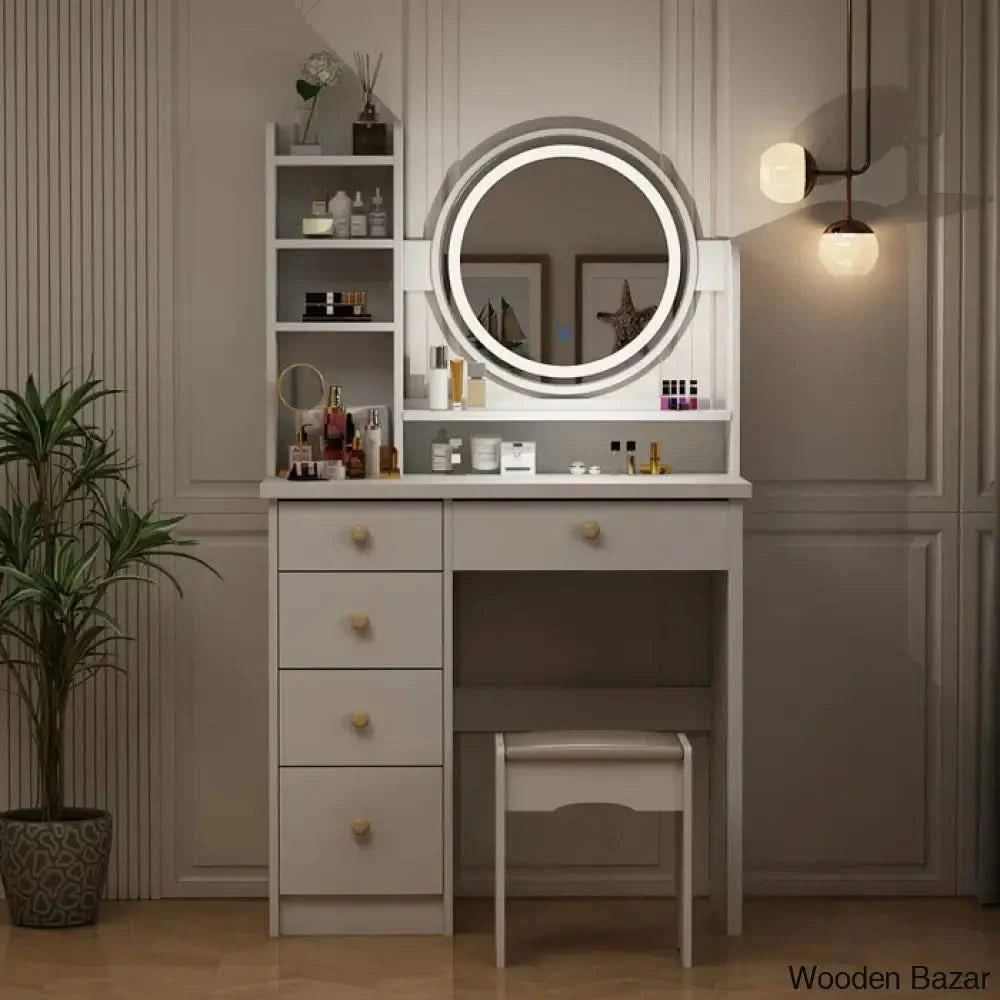 Wooden Bazar Hermanson Vanity Dressing Table Wood With Mirror And Stool White