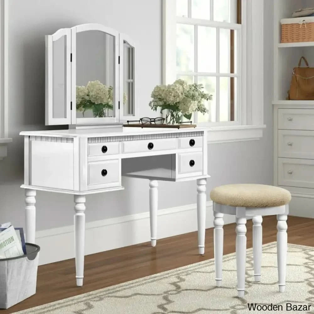 Wooden Bazar Luanna Vanity Dressing Table With Mirror And Stool White