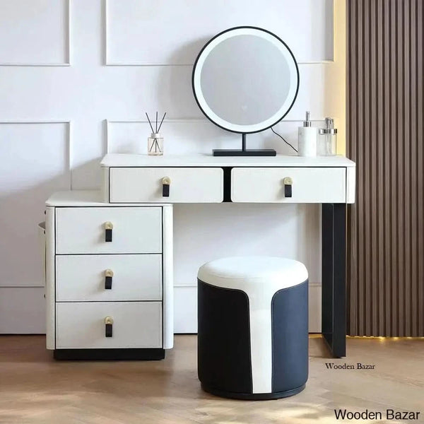 Wooden Bazar Rina Leather Makeup Vanity Dressing Table And Stool Set With Mirror Lights