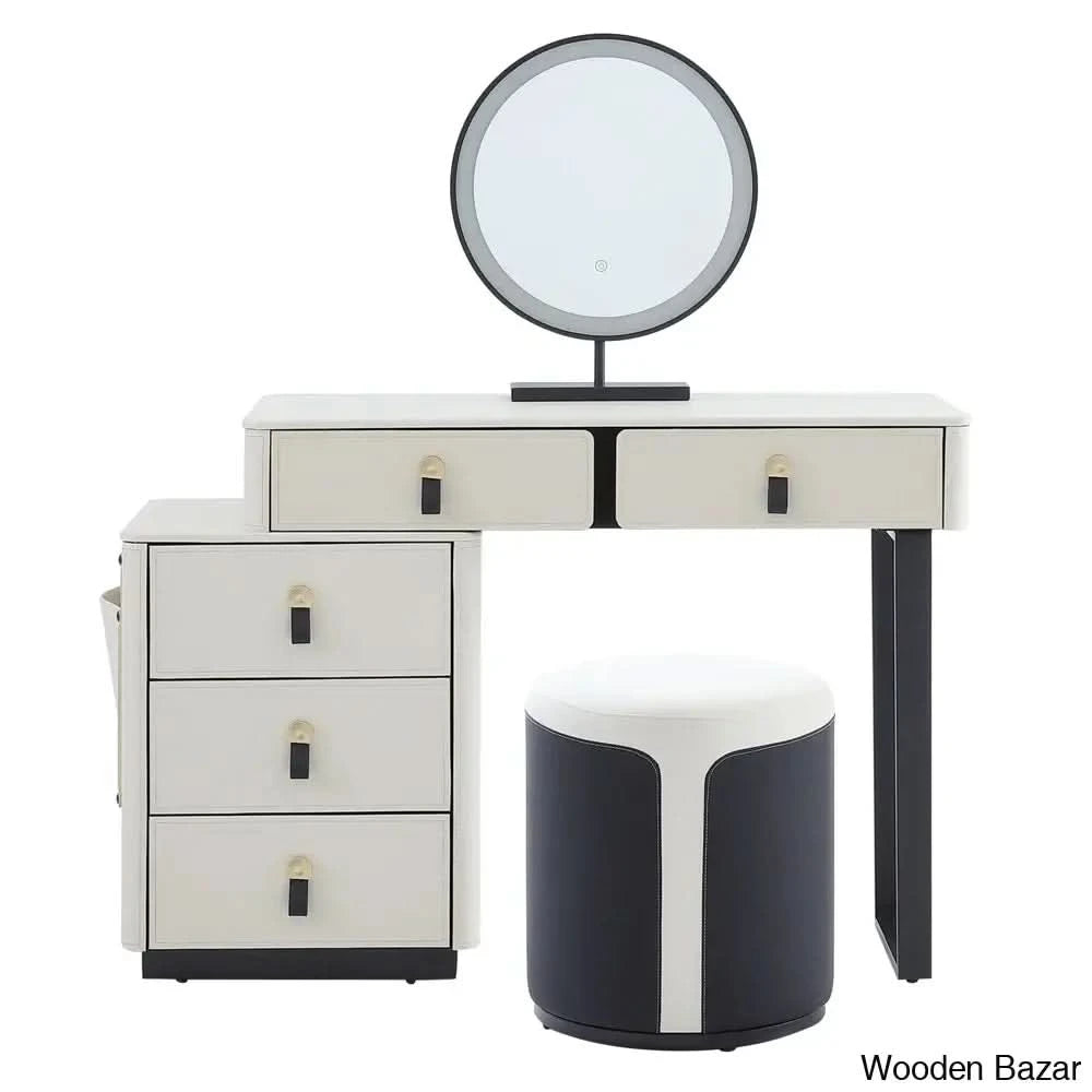 Wooden Bazar Rina Leather Makeup Vanity Dressing Table And Stool Set With Mirror Lights