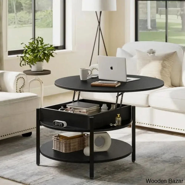 Wynny Wood Round Lift-Top Small Coffee Table Storage Cocktail