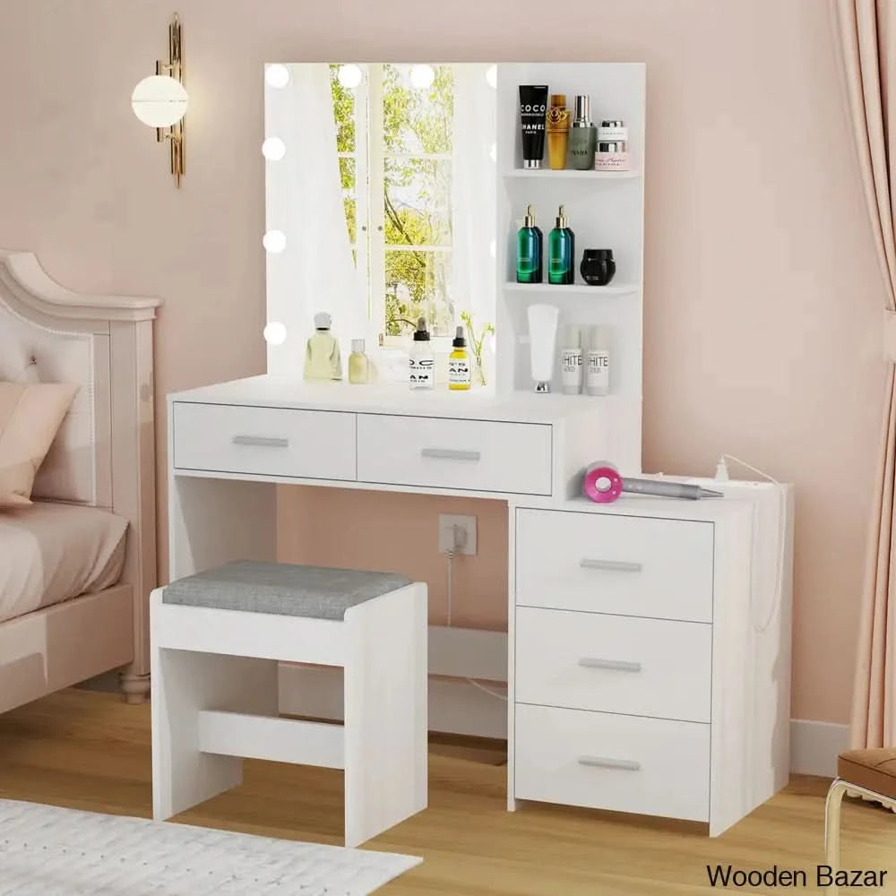 Zareer Large Vanity Dressing Table With Lighted Mirror And Stool Charging Station White
