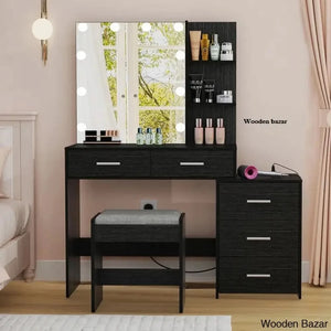 Zareer Large Vanity Dressing Table With Lighted Mirror And Stool Charging Station Black