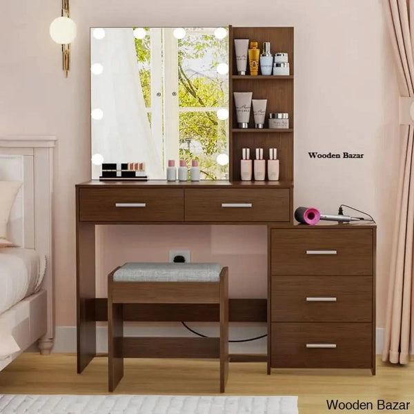 Zareer Large Vanity Dressing Table With Lighted Mirror And Stool Charging Station Brown
