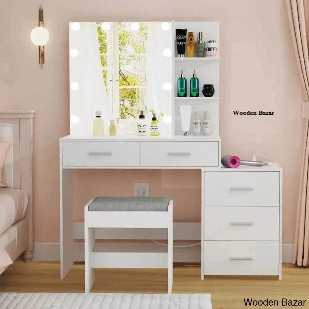 Zareer Large Vanity Dressing Table With Lighted Mirror And Stool Charging Station White