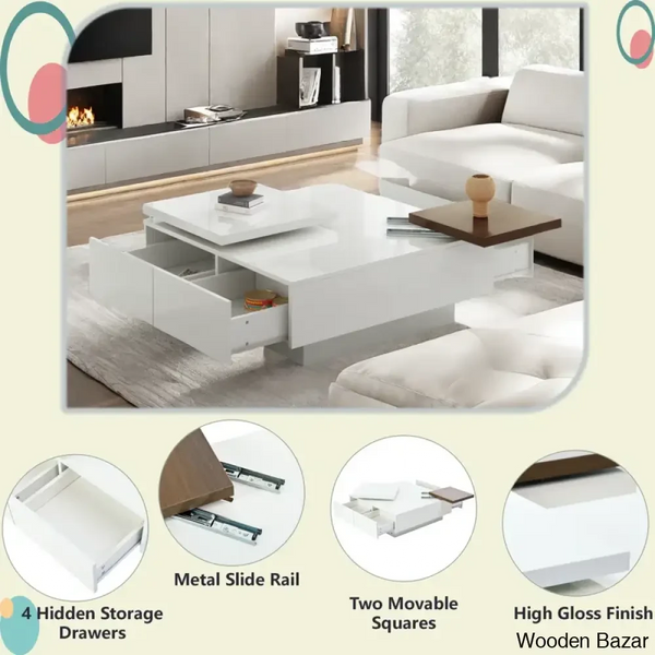 Zhanatw High Gloss Coffee And Center Table With Two Top Moving Blocks Four Storage Drawers